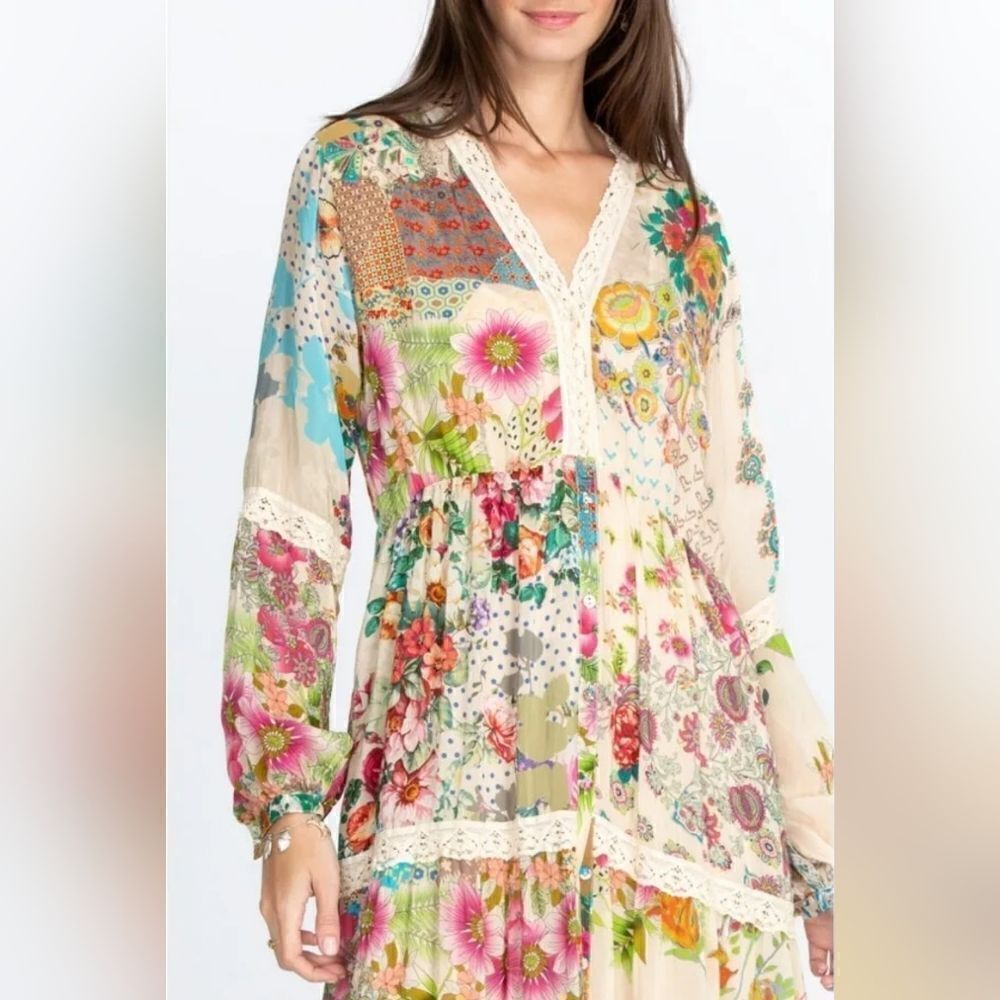 Johnny Was "Milana" Tiered Floral-print Maxi Dress/Duster with Lace Trim | L - Picture 15 of 15